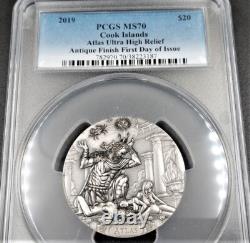 2019 $20 Cook Islands Atlas 3oz Antiqued Silver Coin PCGS MS70 FDI