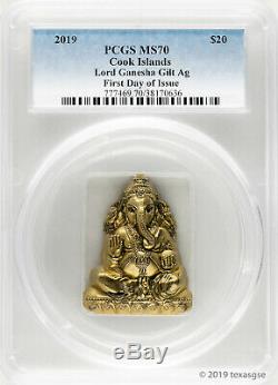 2019 $20 Cook Islands Lord Ganesha 3 oz Gilded Silver Coin PCGS MS70 FDI