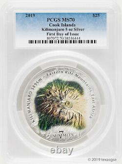 2019 $25 Cook Islands 7 Summit Series Kilimanjaro 5oz Silver Coin MS70-First Day