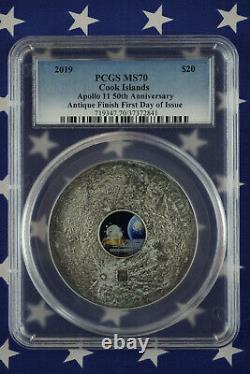 2019 Apollo 11 50th Ann. 999 Silver 3oz PCGS MS70 First Day of Issue COA+Box