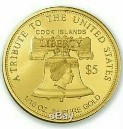 2019 Cook Islands $5 Liberty Peace Strength. 24 Gold 1/10 oz Proof Coin