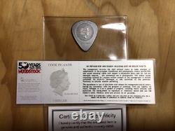 2019 Cook Islands 50 Years Woodstock Silver Guitar Pick & Silver Ticket Stub E10
