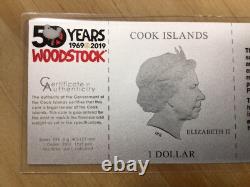 2019 Cook Islands 50 Years Woodstock Silver Guitar Pick & Silver Ticket Stub E10