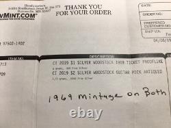 2019 Cook Islands 50 Years Woodstock Silver Guitar Pick & Silver Ticket Stub E10