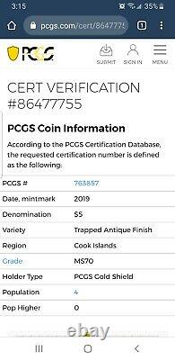 2019 Cook Islands PCGS MS70 Trapped $5 silver coin withbox & COA. POP of 4