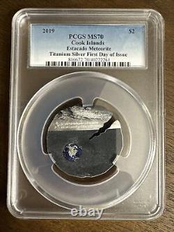 2019 Estacado Meteorite, $2 Cook Islands, Titanium Silver, PCGS MS70 First Day