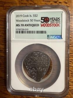 2019 NGC MS 70 COOK ISLAND. 999 Silver $2 WOODSTOCK 50 YEARS GUITAR PICK 1/1969
