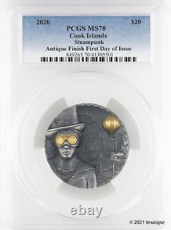 2020 $20 Cook Islands 3oz Antiqued Silver Steampunk High Relief PCGS MS70 FDI