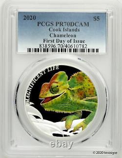 2020 $5 Cook Islands Mag. Life Chameleon 1oz Silver Proof Coin PCGS PR70 FDI
