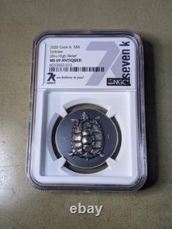 2020 $5 Cook Islands Tortoise Ultra High Relief Antiqued NGC MS69-999 Mintage