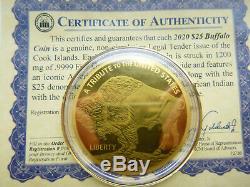 2020 Buffalo of Cook Islands GOLD $25 Pure. 9999 Gold coin 1200mg 58mm COA