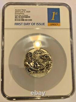 2020 COOK ISLANDS 3oz SILVER ANTIQUE TITANS, MS70 PROMETHEUS, FIRST DAY OF ISSUE