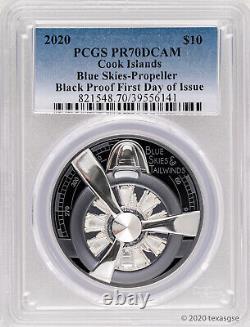 2020 Cook Islands $10 Airplane Propeller 2oz Silver Black Proof Coin PCGS PR70