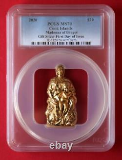 2020 Cook Islands MADONNA OF BRUGES 3 oz. Gilded Silver PCGS MS70, Box/COA-RARE