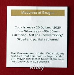2020 Cook Islands MADONNA OF BRUGES 3 oz. Gilded Silver PCGS MS70, Box/COA-RARE