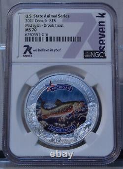 2021 $5 Cook Is MI Brook Trout Us State Animals Ngc Ms70 1 Oz Silver Seven 7k