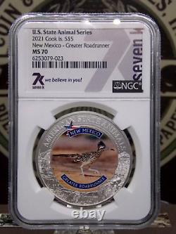 2021 $5 Cook Island 7K Metals U. S. Animals New Mexico ROADRUNNER NGC MS70 #023