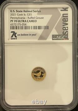 2021 $5 Cook Islands NGC PF70 Proof Cameo 1/2g. 999 Gold Pennsylvania Grouse