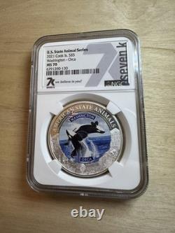 2021 $5 Cook Islands Washington Orca! Graded Ngc Ms70! 1 Ozt Fine Silver! 0.999