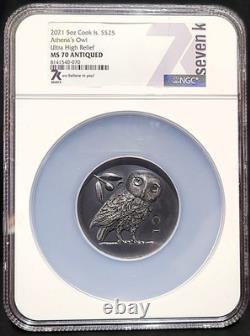 2021 5oz Cook Islands $25 Athena's Owl Ultra High Relief MS70 Only 555 Minted