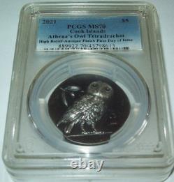 2021 Athena's Owl Cook Islands Antiqued. 999 Silver PCGS MS70 High Relief Coin