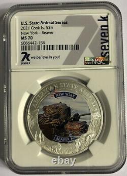 2021 Cook Is. 1oz Silver Animal State Series -New York-Beaver NGC MS70 7K Label