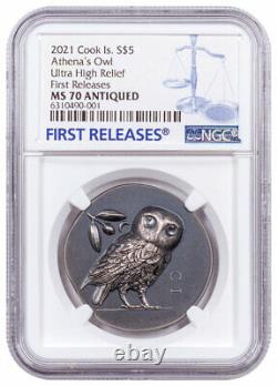 2021 Cook Isl Athenian Owl Numismatic Icons UHR 1 oz Silver Antiqued NGC MS70 FR