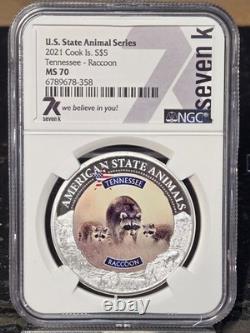 2021 Cook Island $5 Silver American State Animals Racoon NGC MS 70
