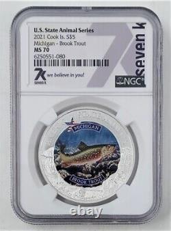 2021 Cook Island US State Animal Series MI Brook Trout 1oz Silver NGC MS 70 C4