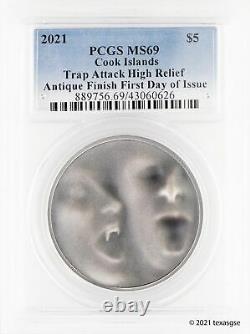 2021 Cook Islands 1 oz Antique Silver Trap Attack First Day of Issue PCGS MS69