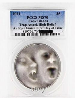 2021 Cook Islands 1 oz Antique Silver Trap Attack First Day of Issue PCGS MS70