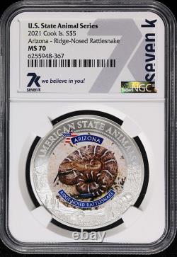 2021 Cook Islands 1 oz Silver $5 U. S. State Animal Arizona Rattlesnake NGC MS70