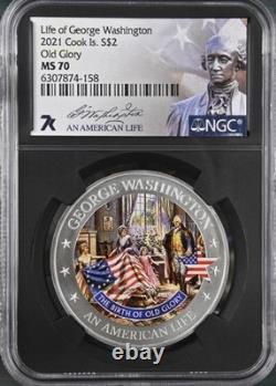 2021 Cook Islands $2 OLD GLORY Life of George Washington 1/2 Oz NGC MS70