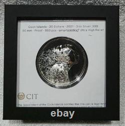 2021 Cook Islands $20 Ultra High Relief Silver Burst 3oz. 999 Silver Box & COA
