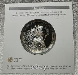 2021 Cook Islands $20 Ultra High Relief Silver Burst 3oz. 999 Silver Box & COA