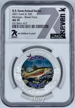 2021 Cook Islands $5 Michigan Brook Trout Coin NGC MS 70 Seven K 999 Colorized