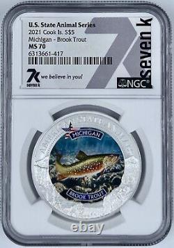 2021 Cook Islands $5 Michigan Brook Trout Coin NGC MS 70 Seven K 999 Colorized