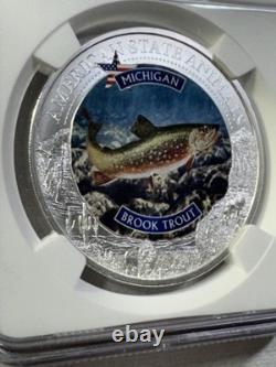 2021 Cook Islands $5 Michigan Brook Trout Silver Coin Graded MS 70 by NGC