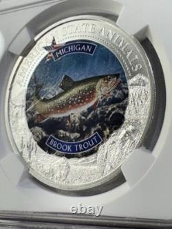 2021 Cook Islands $5 Michigan Brook Trout Silver Coin Graded MS 70 by NGC