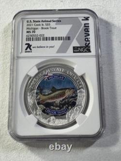 2021 Cook Islands $5 Michigan Brook Trout Silver Coin Graded MS 70 by NGC