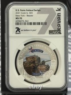 2021 Cook Islands $5 New York Beaver 1 oz Silver NGC MS70 Colorized
