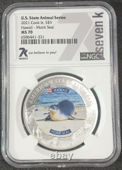 2021 Cook Islands $5 Silver Coin HI Monk Seal American State Animal MS70