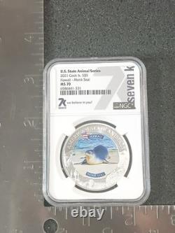 2021 Cook Islands $5 Silver Coin HI Monk Seal American State Animal MS70