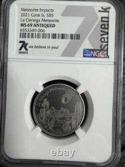 2021 Cook Islands $5 Silver La Cienega Meteorite 1 oz NGC MS-69 Antiqued