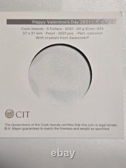 2021 Cook Islands $5 Valentine Heart 20g. 999 Silver Proof Swarovski
