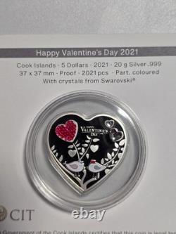 2021 Cook Islands $5 Valentine Heart 20g. 999 Silver Proof Swarovski