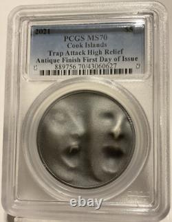 2021 Cook Islands 5 dollars Trap Attack PCGS MS70 Antique High Relief FDOI CIT