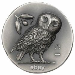 2021 Cook Islands Athenian Owl Numismatic Icons UHR 1 oz Silver Antiqued $5 OGP