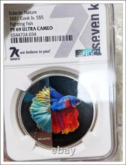 2021 Cook Islands Eclectic Nature Fighting Fish 1oz. 999 Silver NGC PF69 UC