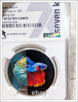 2021 Cook Islands Eclectic Nature Fighting Fish 1oz. 999 Silver NGC PF69 UC